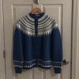 Cardigan Sweater Hand-knit wool from Norway light blue with multi-color yoke